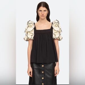 Sunday in Brooklyn Black Top Cream Ruffle Puff Sleeves Square Neck Size XS